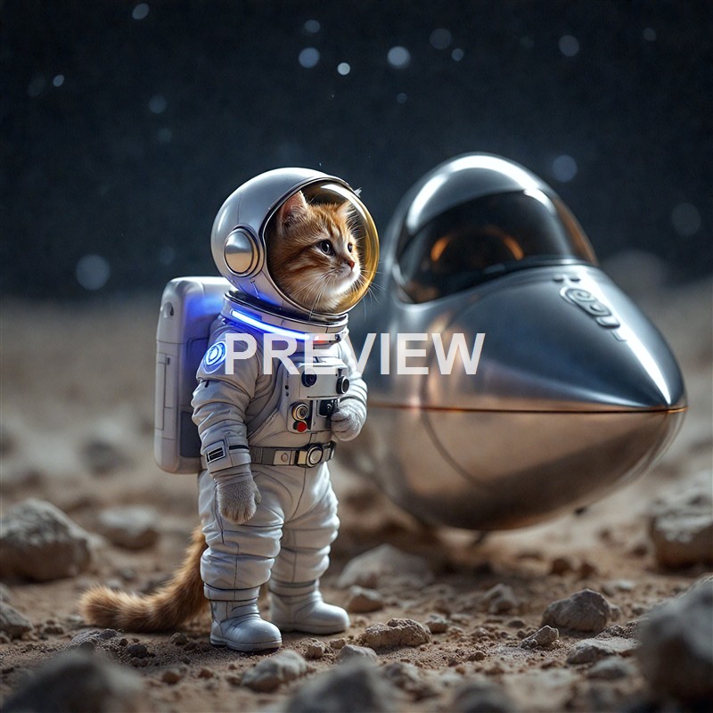 A cat dressed in a spacesuit standing on a rocky lunar surface next to a small spacecraft, with a starry sky in the background.